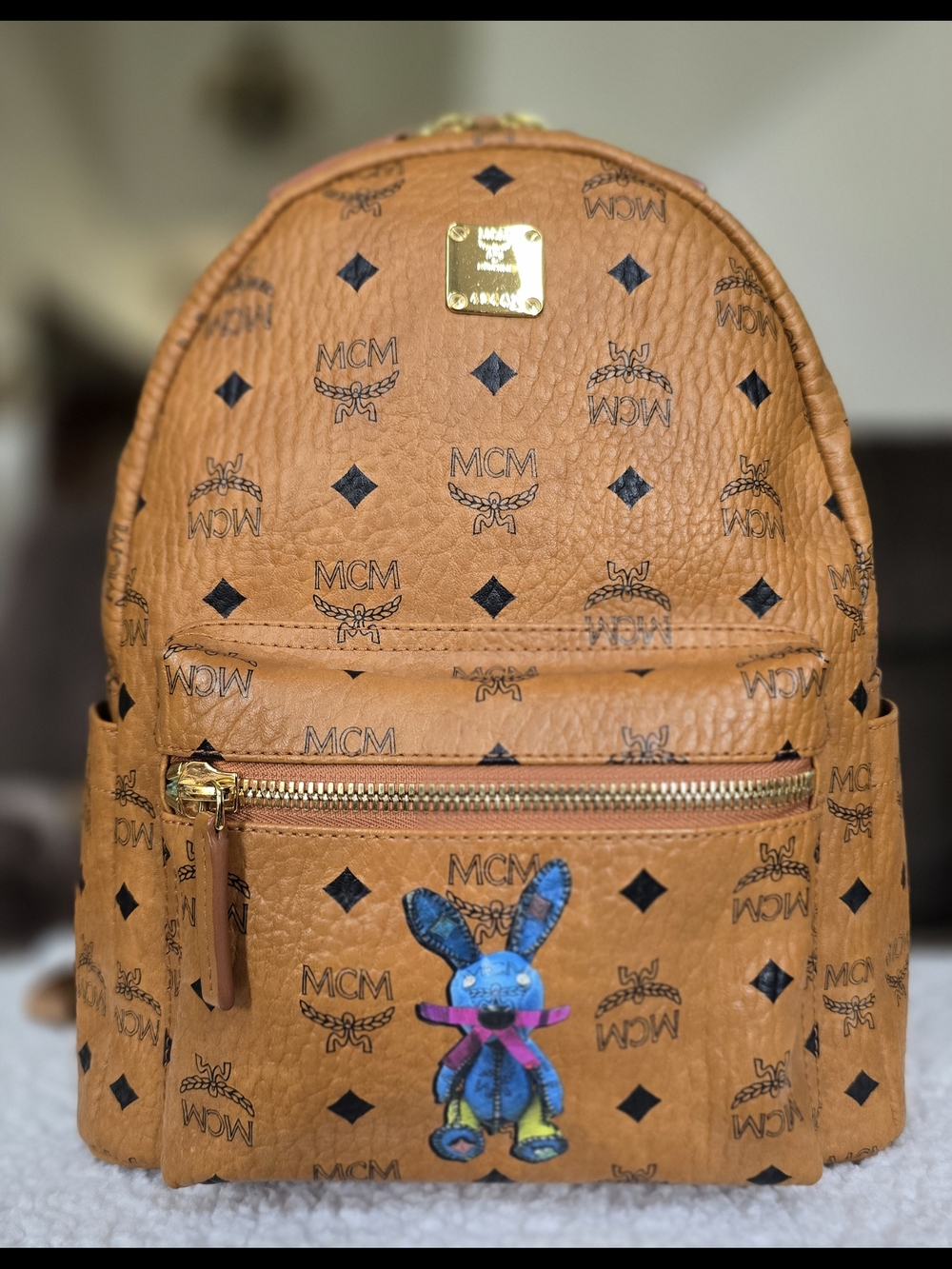 MCM Visetos Small Stark Rabbit Backpack Cognac